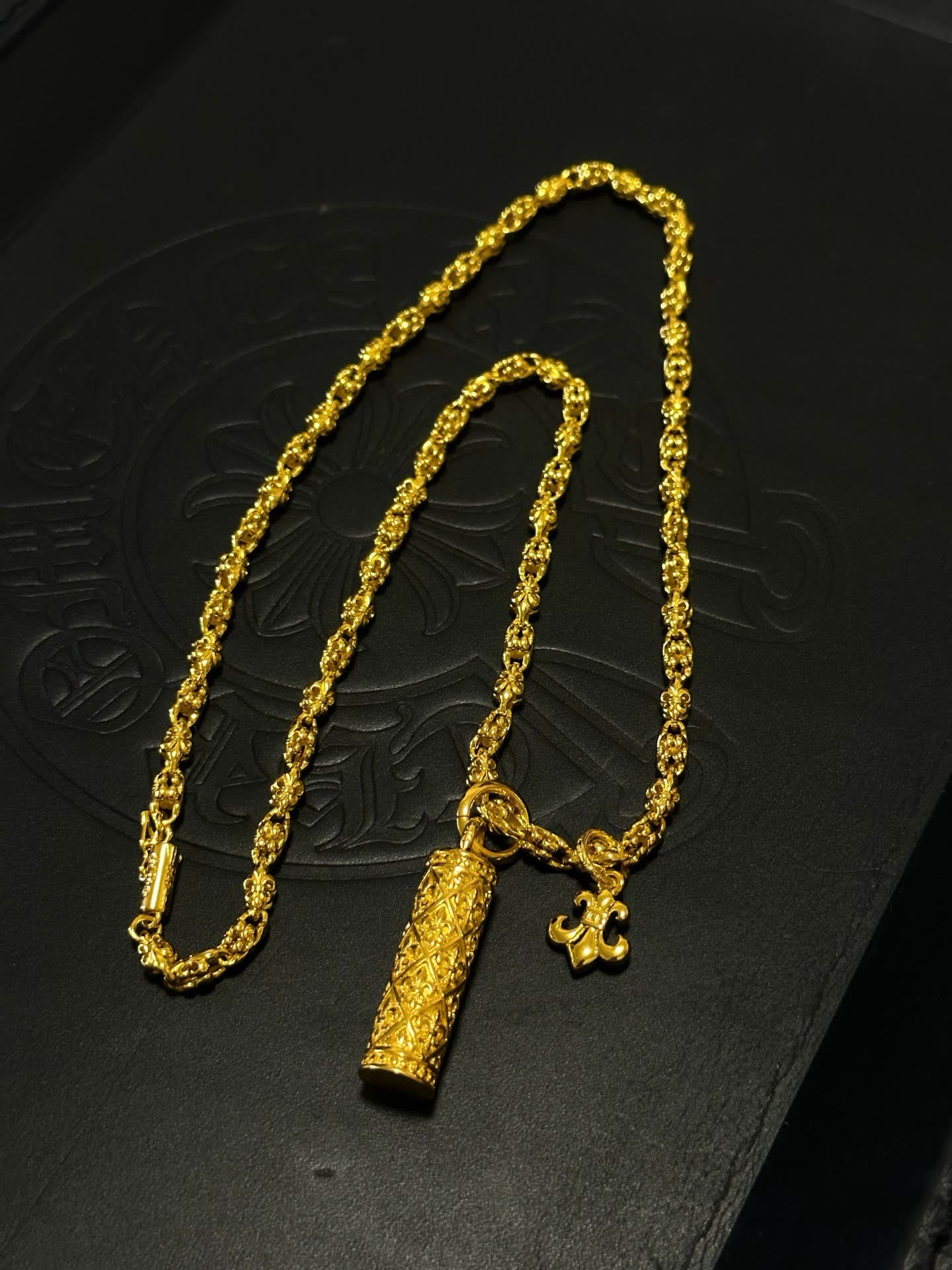 Chrome Hearts Gold-Plated Filigree Necklace with Pendant and Charm